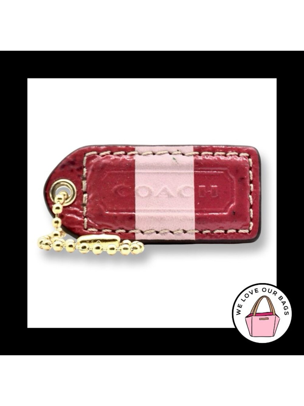 COACH Y2K VINTAGE Hang Tag Bag 2" Charm Keychain Fob Pink Stripe Leather Brass